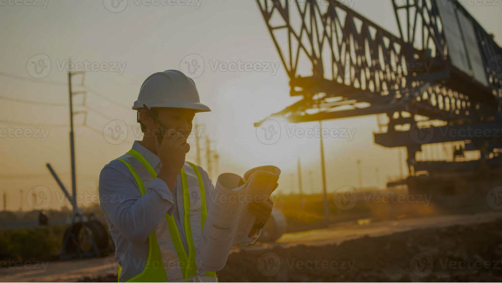 Engenheiro em obra analisando documentos